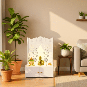 Wooden Floor Pooja Mandir with Floral Design, Focus Light, and Wooden Shelf