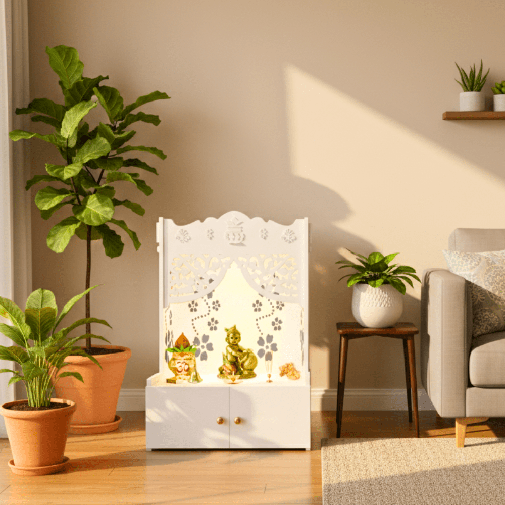 Wooden Floor Pooja Mandir with Floral Design, Focus Light, and Wooden Shelf