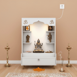 Wooden Floor Pooja Mandir with Om Engraving, Open Shelves, and Storage Drawer