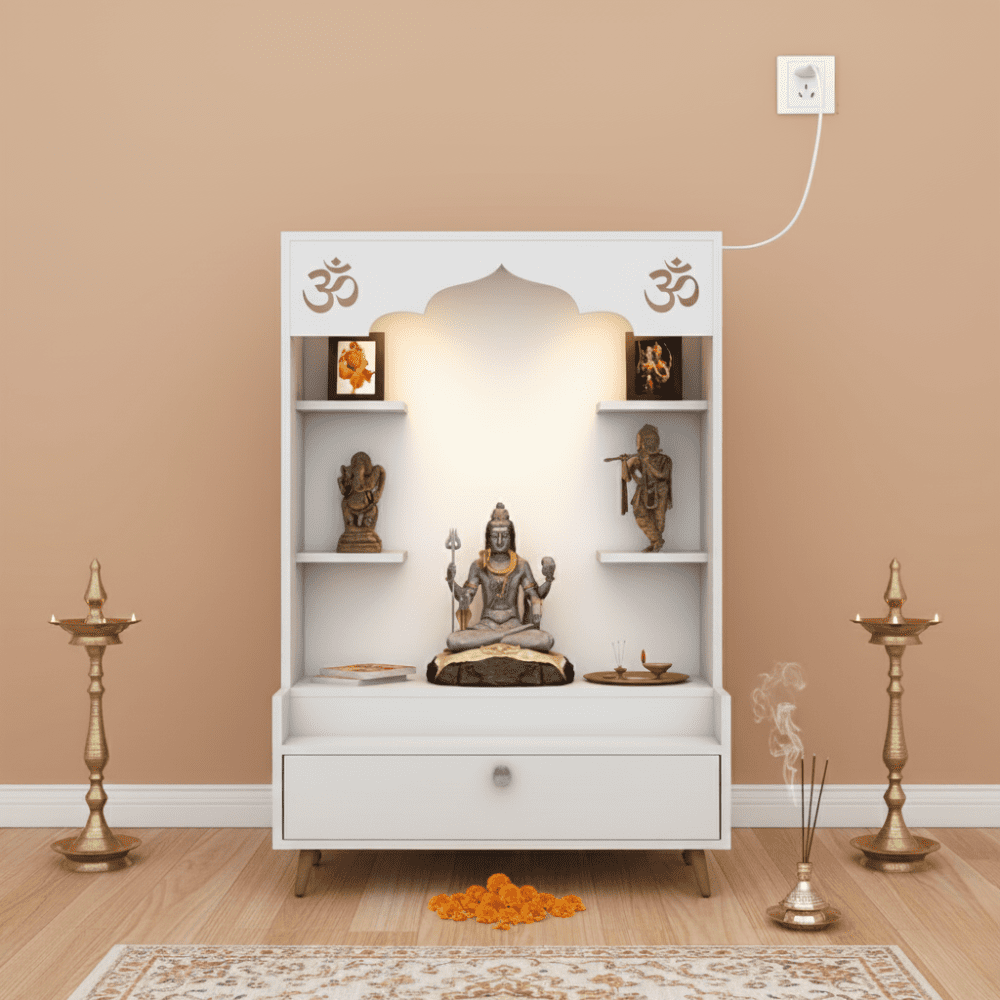 Wooden Floor Pooja Mandir with Om Engraving, Open Shelves, and Storage Drawer