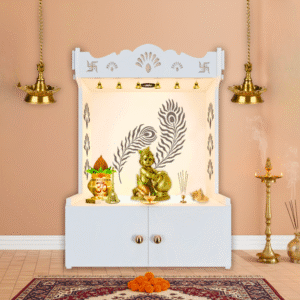White finish wooden Mor Pankh Floor Temple with Shelf & Built-in Focus Light