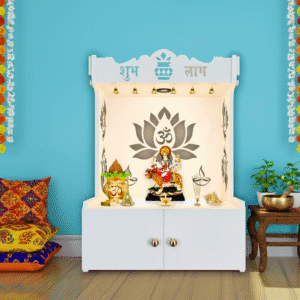 Lotus pattern wooden floor temple in white finish with focus light and shelf