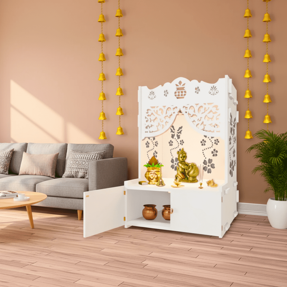 Designer Wooden Pooja Mandir with Floral Pattern & Focus Light