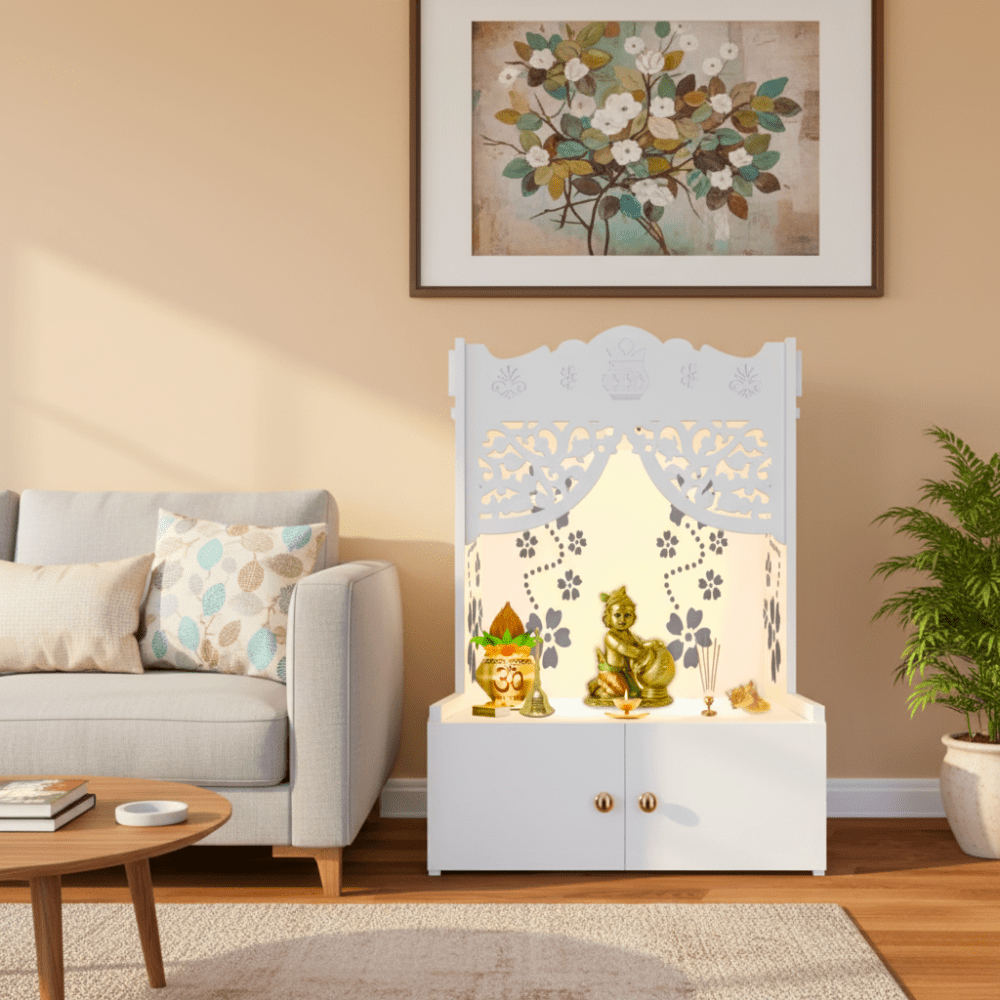 Designer Wooden Pooja Mandir with Floral Pattern & Focus Light