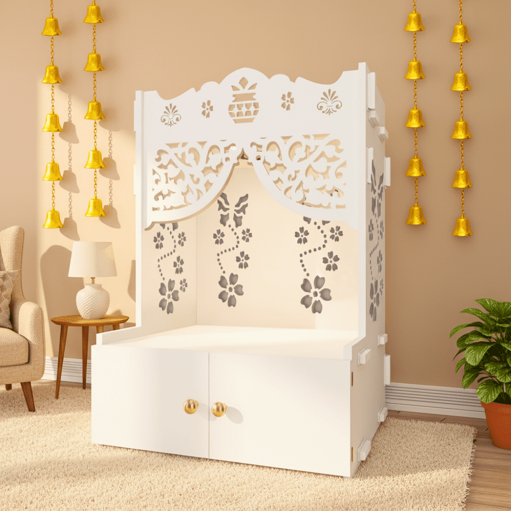 Designer Wooden Pooja Mandir with Floral Pattern & Focus Light