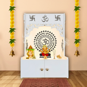 White wooden floor pooja mandir with Om Chakra design, spacious shelf and focus light