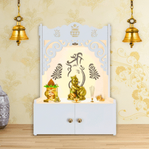 Wooden Mirrikal Pooja Mandir with Shelf & Focus Light | Beautiful Shri Ganesh Floor Temple in White Finish
