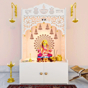 Mirrikal Shubh Labh engraved white wooden floor temple with cabinet