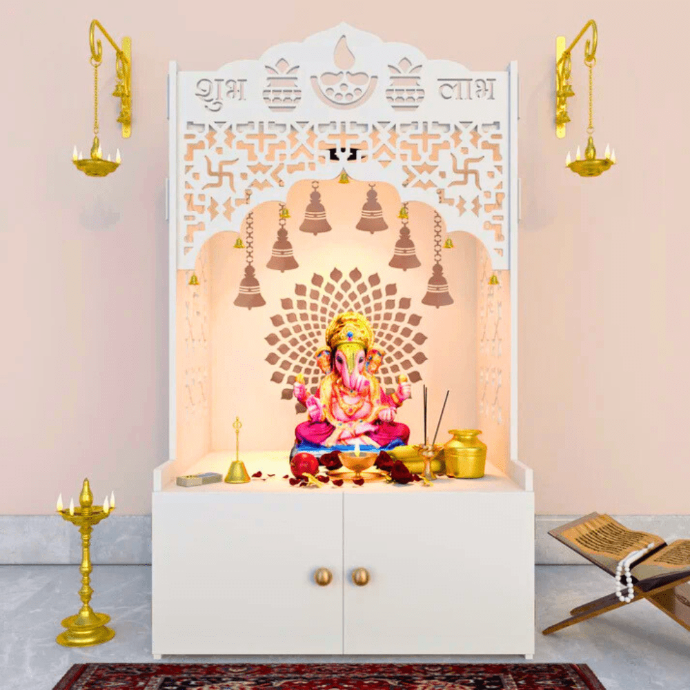 Mirrikal Shubh Labh engraved white wooden floor temple with cabinet