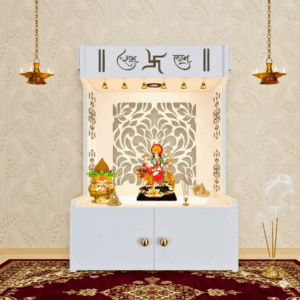 Designer Jali Wooden Floor Temple | White Pooja Mandir with Spacious Shelf & Focus Light