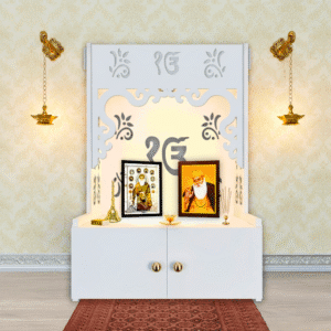 White Ek Onkar wooden floor temple with spacious shelf and inbuilt focus light