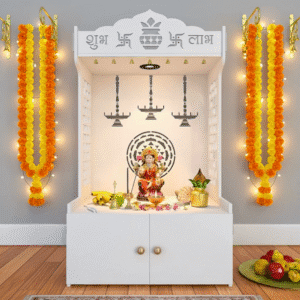 Elegant Wooden Floor Pooja Mandir with Storage | Laser-Cut Design White Temple
