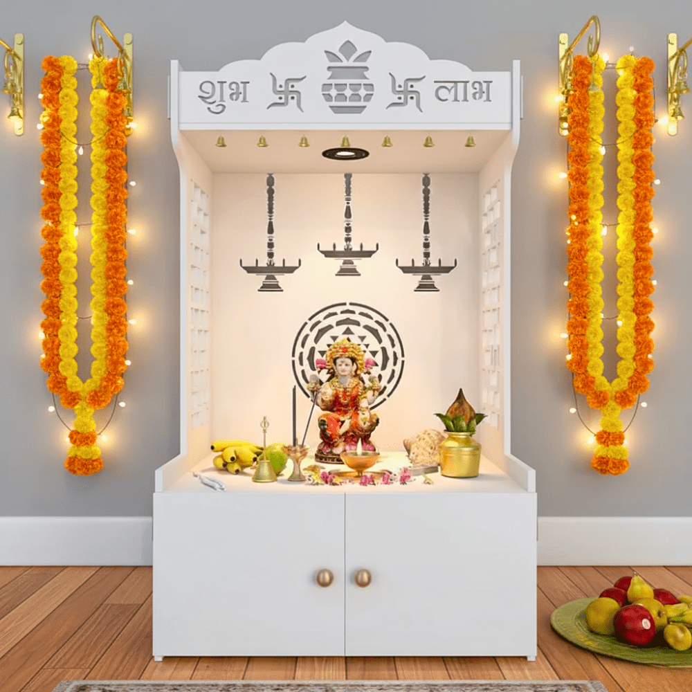 Elegant Wooden Floor Pooja Mandir with Storage | Laser-Cut Design White Temple