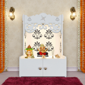 White floral designer wooden floor temple with spacious shelf and inbuilt focus light