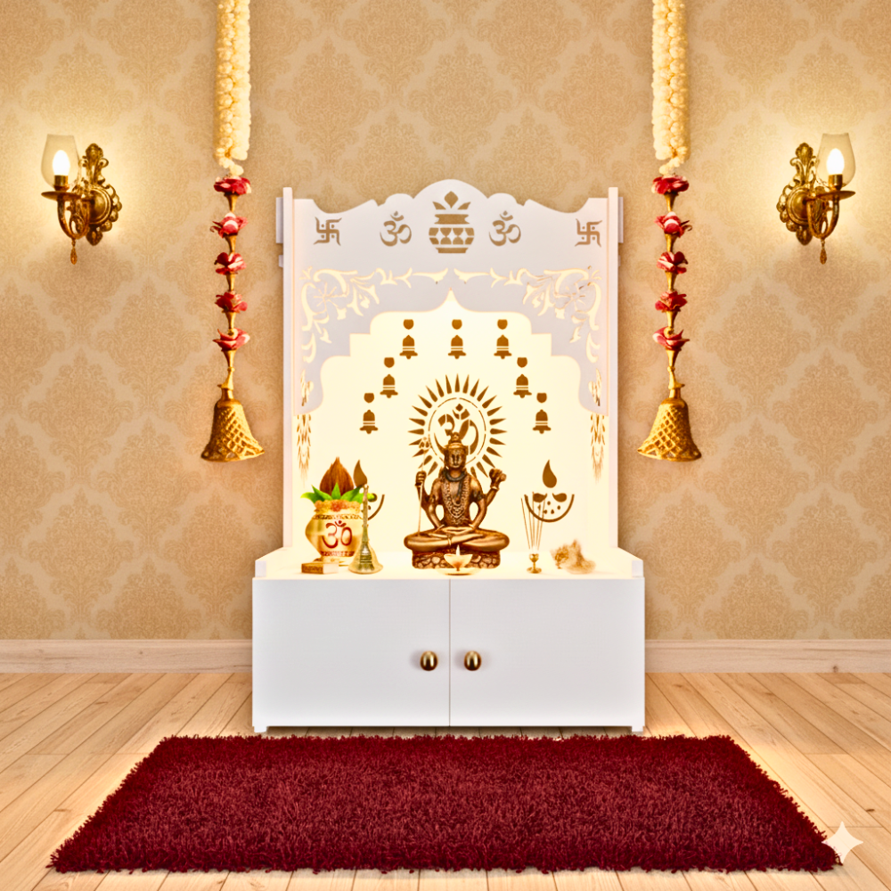 White holy symbol Om Chakra wooden floor temple with spacious shelf and inbuilt focus light