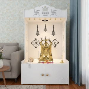 White Wooden Floor Pooja Mandir with Kalash, Swastik Design, Laser-Cut Bell, Shankh, Chakra Motifs & Storage Cabinet
