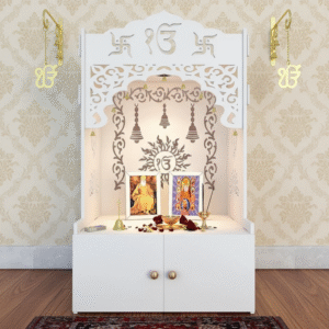 White Wooden Floor Pooja Mandir with Ik Onkar, Swastik Design, Ornate Arch, Laser-Cut Bell Motifs & Cabinet