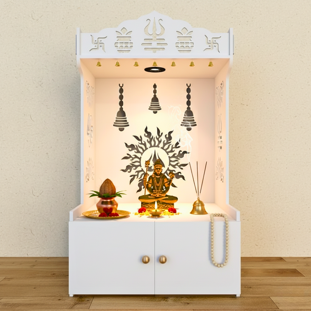 Mirrikal white wooden floor pooja mandir with Trishul and Kalash laser cut design and storage