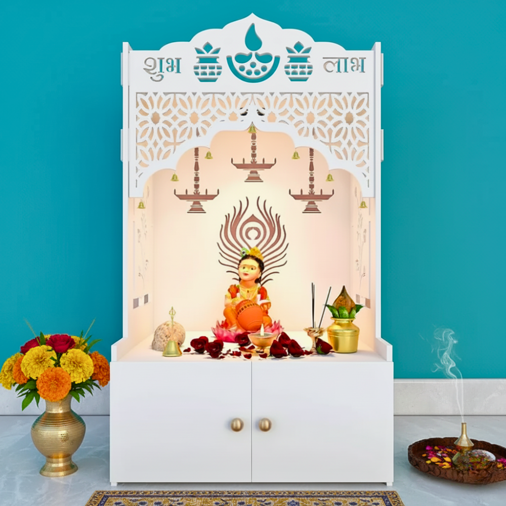 White Wooden Floor Pooja Mandir with Shubh Labh Design and Storage Cabinet