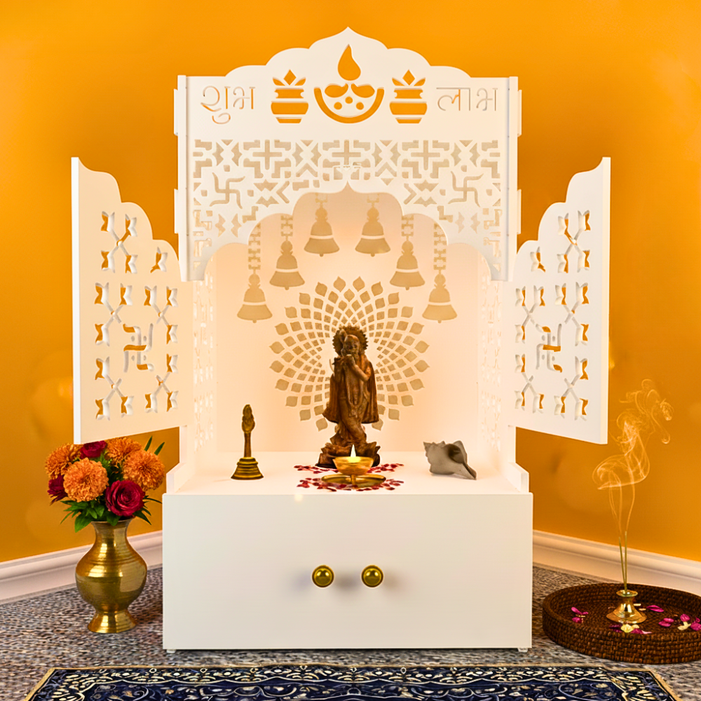 Mirrikal white wooden floor pooja mandir with Shubh Labh CNC cut doors and storage
