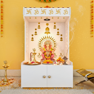 Elegant Wooden Pooja Mandir with Om & Swastik Design |  Laser-Cut Back Panel Bell Motifs & Storage Cabinet