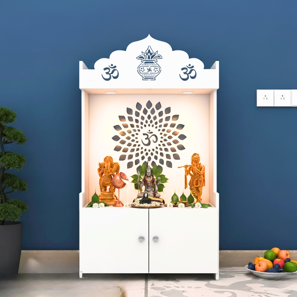 Wooden Pooja Mandir with Kalash Om Top and Lotus Back Panel with Storage