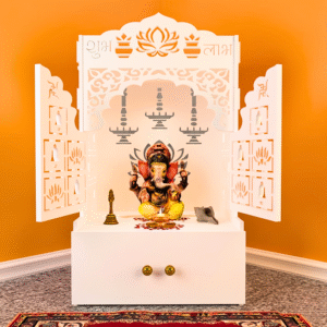White Wooden Pooja Mandir with Lotus Bell Doors, Shubh Labh & Hanging Diya Motifs
