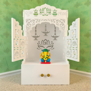 Wooden Floor Pooja Mandir with Lotus Om Design, Shubh Labh & Bell-Pattern Doors with Cabinet