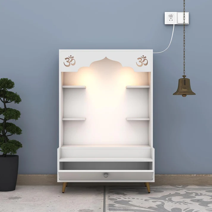 Contemporary Wooden Pooja Mandir with Om Engraving & Storage - Image 4