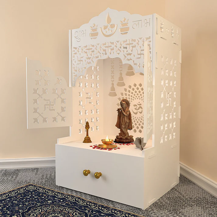 Mirrikal Mandir – White Wooden Floor Pooja Mandir with CNC Shubh Labh Doors & Storage - Image 2