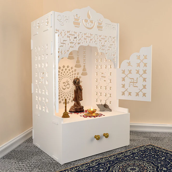 Mirrikal Mandir – White Wooden Floor Pooja Mandir with CNC Shubh Labh Doors & Storage - Image 3