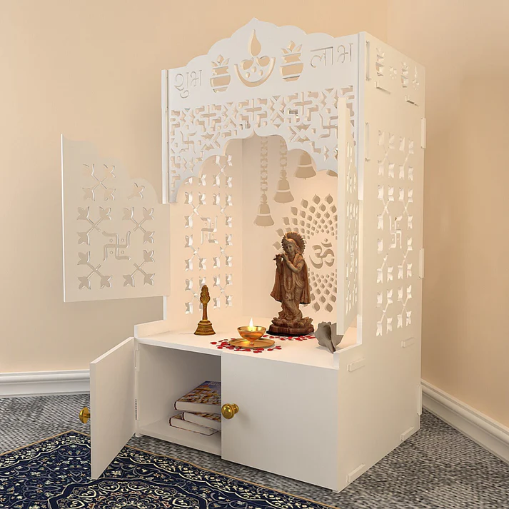 Mirrikal Mandir – White Wooden Floor Pooja Mandir with CNC Shubh Labh Doors & Storage - Image 4
