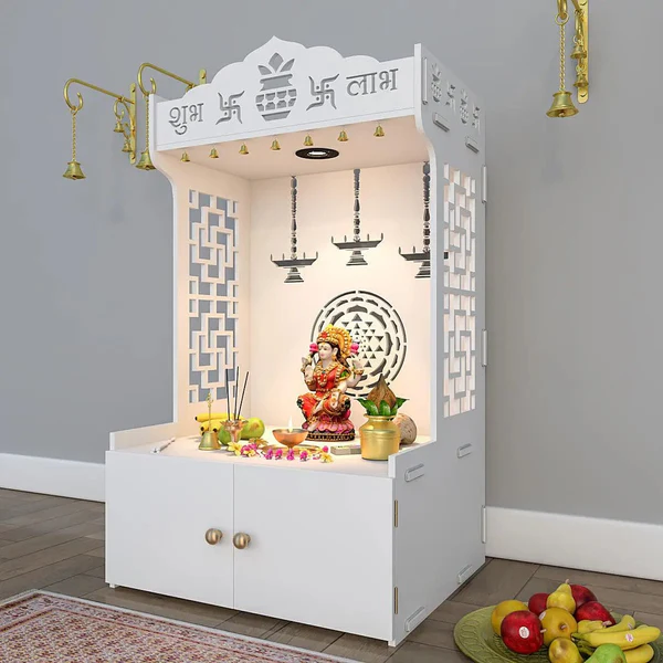 Elegant Wooden Floor Pooja Mandir with Storage | Laser-Cut Design White Temple - Image 2