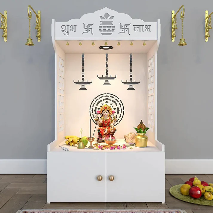 Elegant Wooden Floor Pooja Mandir with Storage | Laser-Cut Design White Temple - Image 5