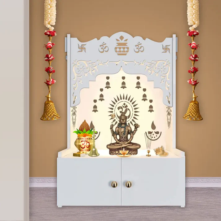 Holy Symbol Om Chakra Wooden Floor Temple | White Pooja Mandir with Shelf & Focus Light - Image 5