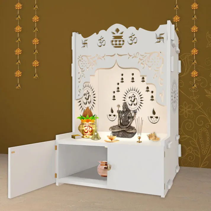 Holy Symbol Om Chakra Wooden Floor Temple | White Pooja Mandir with Shelf & Focus Light - Image 3