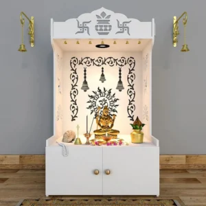 Mirrikal white wooden floor pooja mandir with Om design and storage cabinet