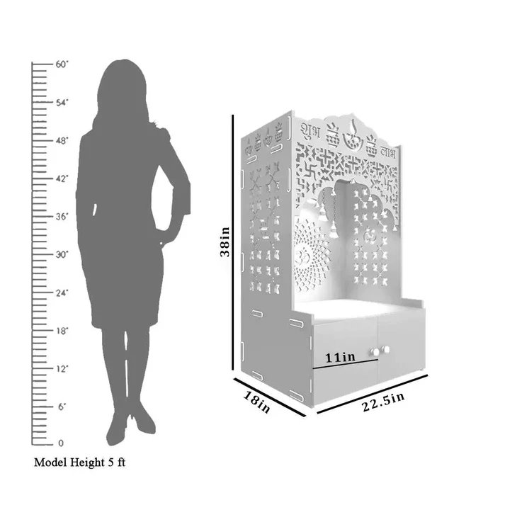 Mirrikal Mandir – Shubh Labh Engraved White Wooden Floor Temple with Cabinet - Image 4