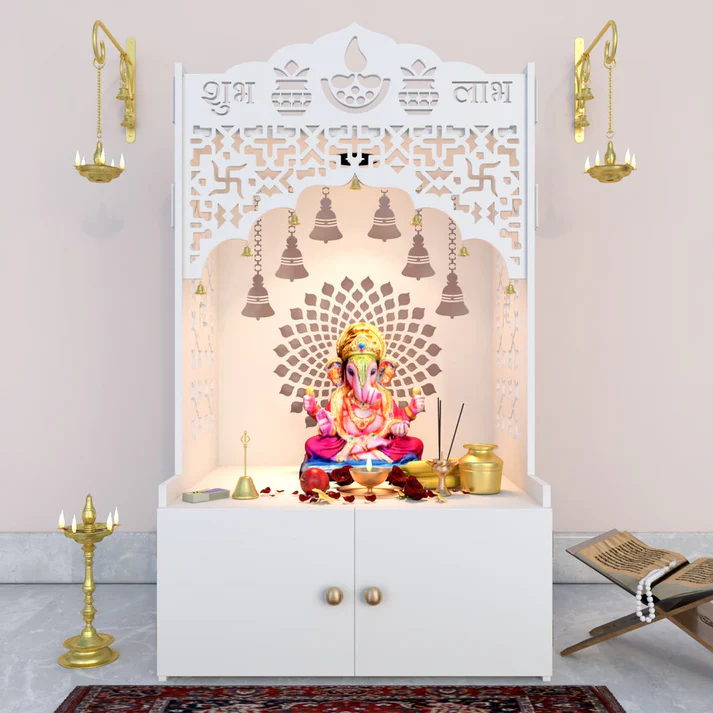 Mirrikal Mandir – Shubh Labh Engraved White Wooden Floor Temple with Cabinet - Image 5