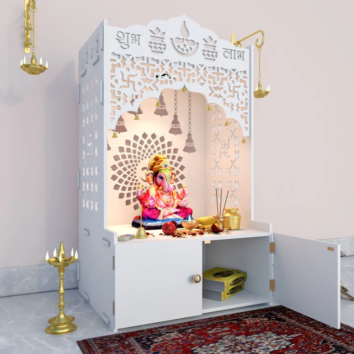 Mirrikal Mandir – Shubh Labh Engraved White Wooden Floor Temple with Cabinet - Image 2