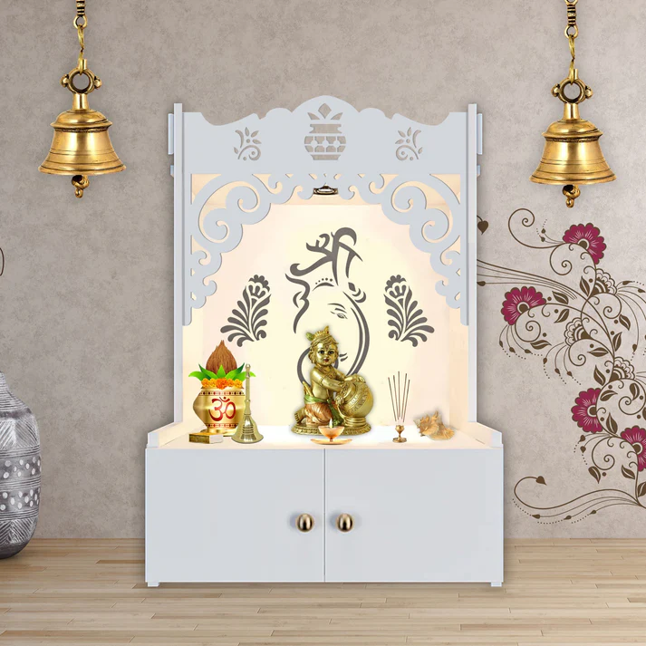 Wooden Mirrikal Pooja Mandir with Shelf & Focus Light | Beautiful Shri Ganesh Floor Temple in White Finish - Image 5
