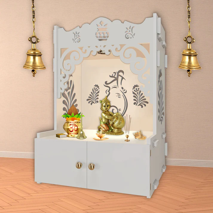 Wooden Mirrikal Pooja Mandir with Shelf & Focus Light | Beautiful Shri Ganesh Floor Temple in White Finish - Image 2