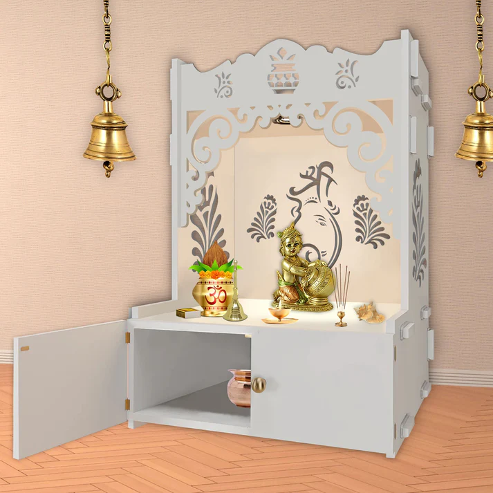 Wooden Mirrikal Pooja Mandir with Shelf & Focus Light | Beautiful Shri Ganesh Floor Temple in White Finish - Image 3