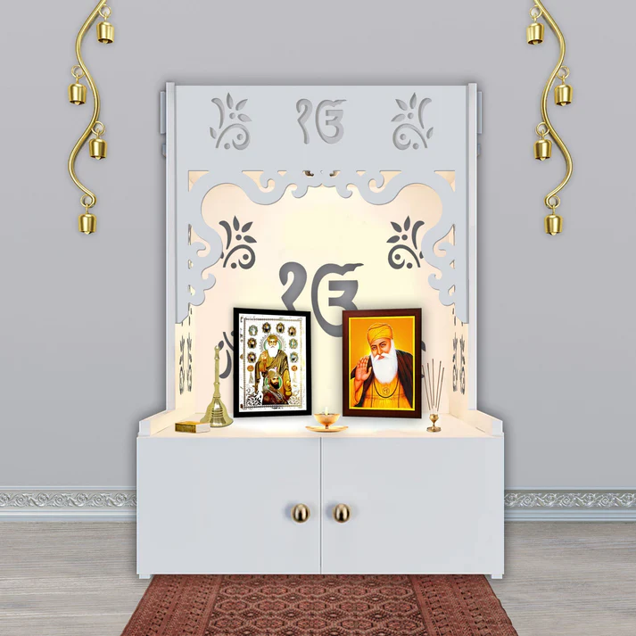 Ek Onkar Wooden Floor Temple | White Pooja Mandir with Spacious Shelf & Focus Light - Image 5