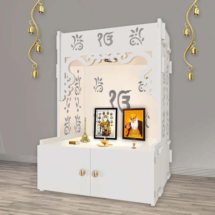 Ek Onkar Wooden Floor Temple | White Pooja Mandir with Spacious Shelf & Focus Light - Image 2