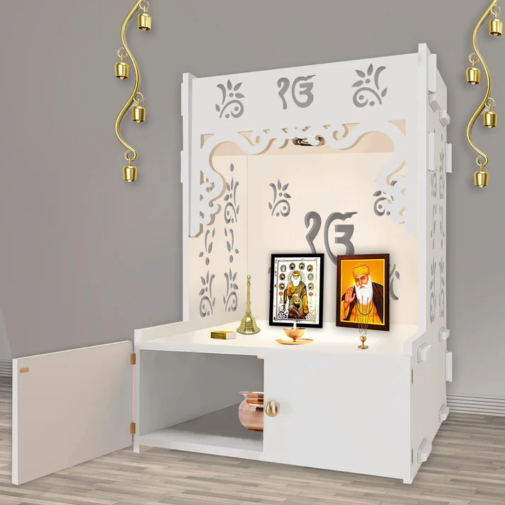 Ek Onkar Wooden Floor Temple | White Pooja Mandir with Spacious Shelf & Focus Light - Image 4