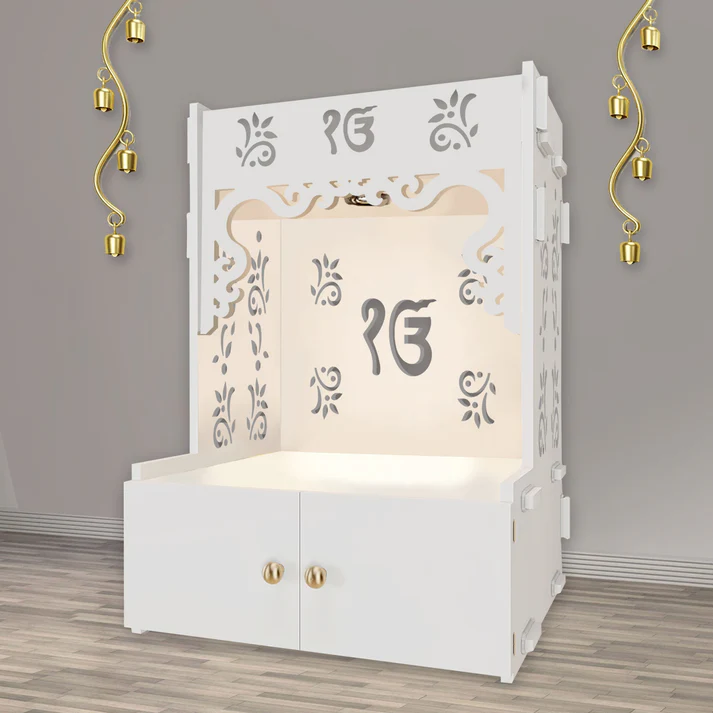 Ek Onkar Wooden Floor Temple | White Pooja Mandir with Spacious Shelf & Focus Light - Image 3