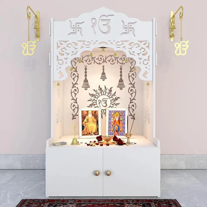 White Wooden Pooja Mandir with Ik Onkar & Swastik Design – Elegant Arch & Storage Cabinet - Image 5