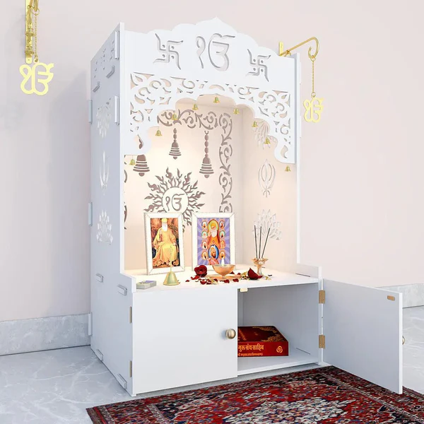 White Wooden Pooja Mandir with Ik Onkar & Swastik Design – Elegant Arch & Storage Cabinet - Image 2