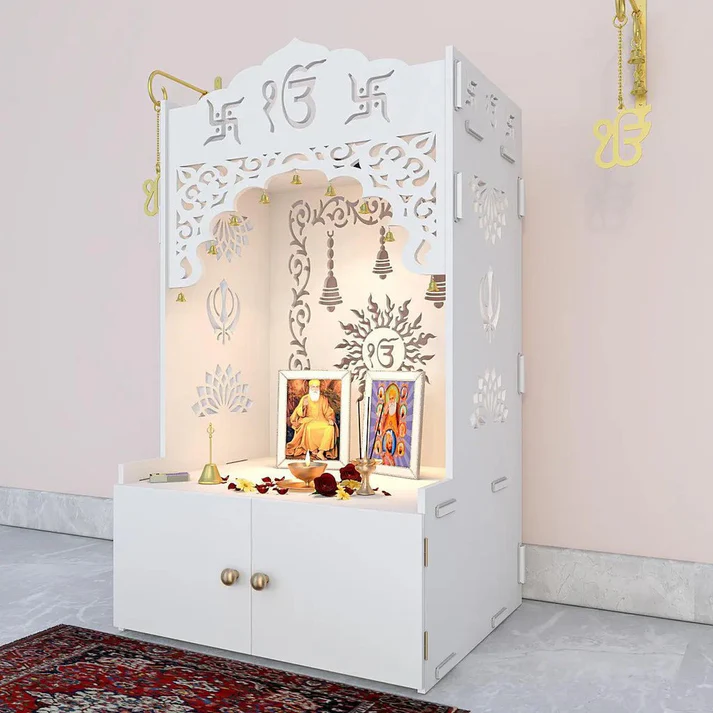 White Wooden Pooja Mandir with Ik Onkar & Swastik Design – Elegant Arch & Storage Cabinet - Image 3